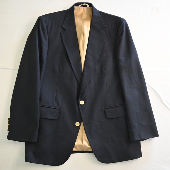 Vtg Bachrach USA Made 40R Navy Blue Flannel Gold Button Blazer Sport Coat Jacket
